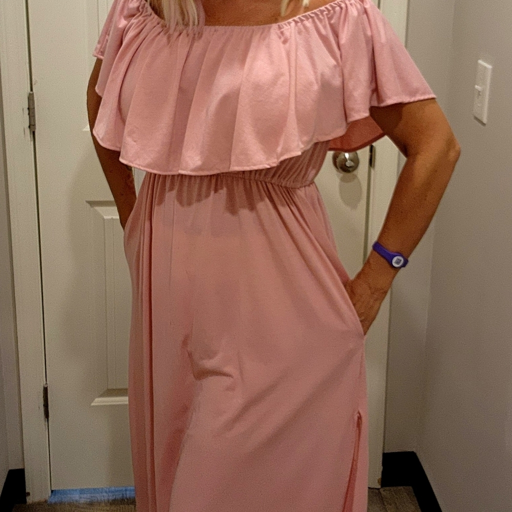 Rose Pink Maxi cotton dress, sleveless or off shoulder